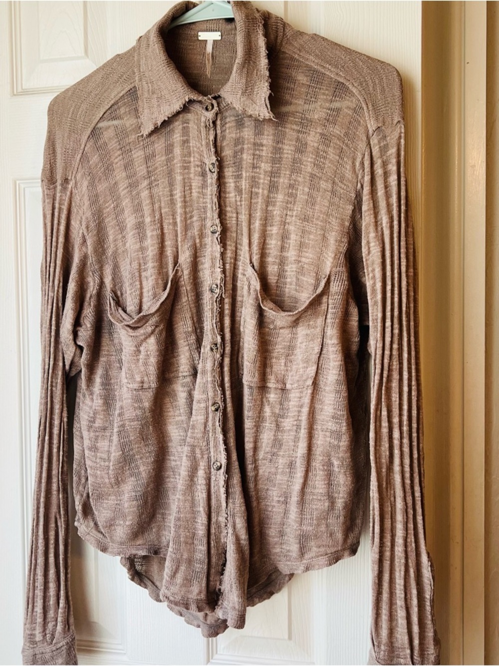 Free People Beach Taupe Button-Down Ribbed Long-Sleeve Top